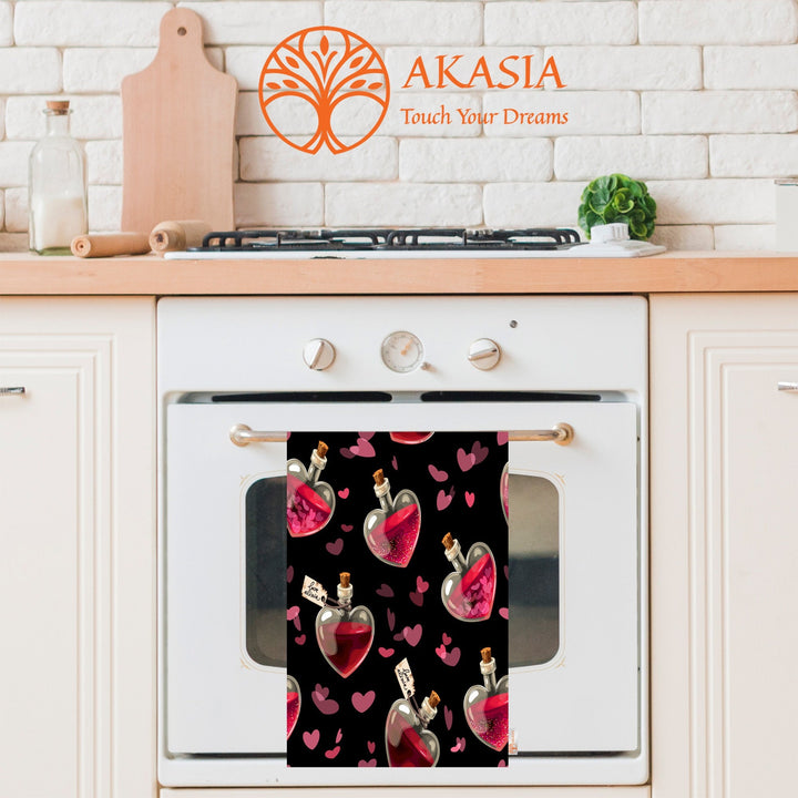 Valentine Hand Towel|Heart Shaped Bottle Print Tea Towel|Love Themed Towel|Perfume Dish Cloth|Heart Print Towel|Valentine's Day Gift