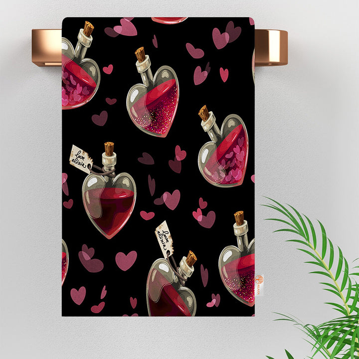 Valentine Hand Towel|Heart Shaped Bottle Print Tea Towel|Love Themed Towel|Perfume Dish Cloth|Heart Print Towel|Valentine's Day Gift