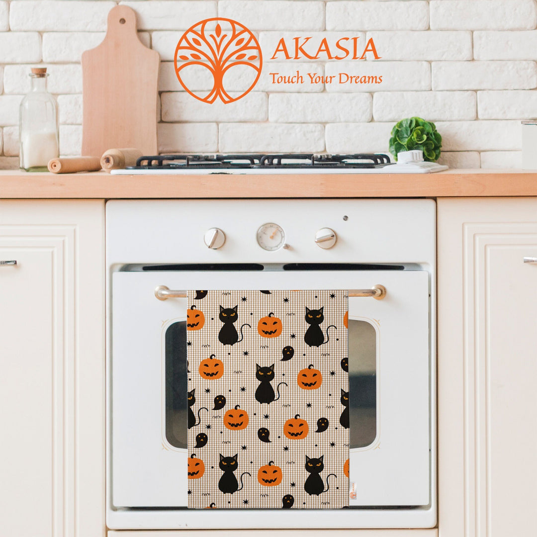 Halloween Tea Towel|Carved Pumpkin and Black Cat Dish Towel|Watercolored Halloween Dishcloth|Autumn Dust Remover and Cleaning Cloth