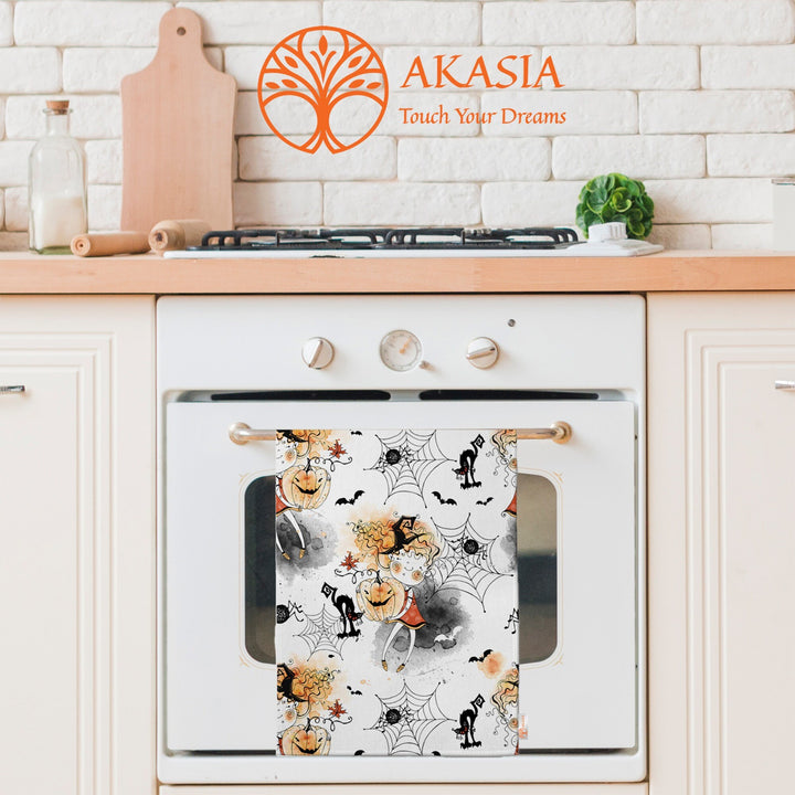 Halloween Tea Towel|Carved Pumpkin and Black Cat Dish Towel|Watercolored Halloween Dishcloth|Autumn Dust Remover and Cleaning Cloth