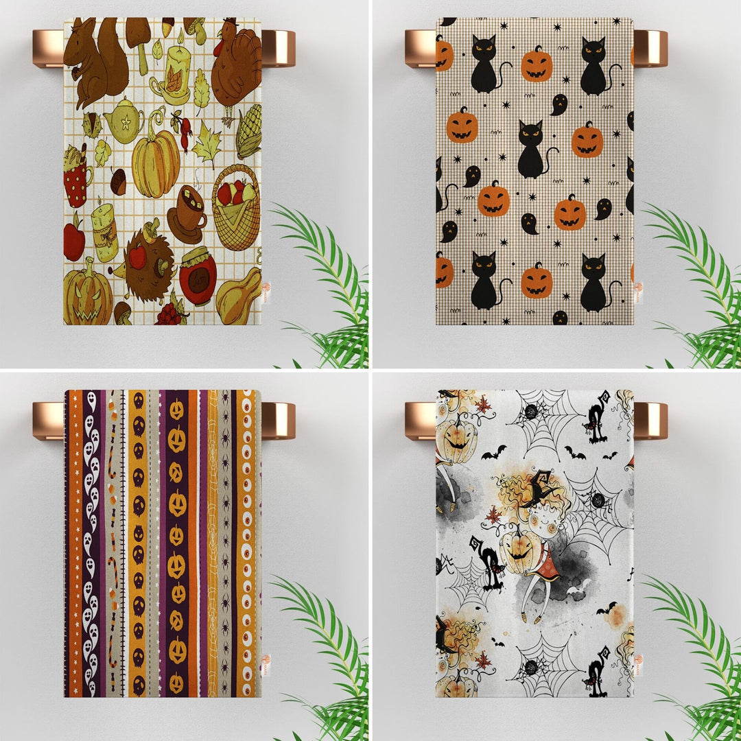 Halloween Tea Towel|Carved Pumpkin and Black Cat Dish Towel|Watercolored Halloween Dishcloth|Autumn Dust Remover and Cleaning Cloth