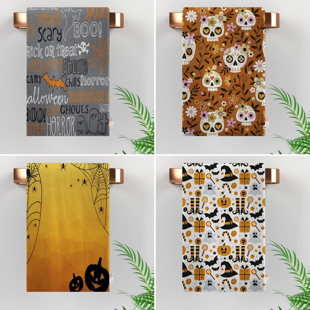 Halloween Tea Towel|Carved Pumpkin Dish Towel|Spider Web and Skull Dishcloth|Witch Hat Print Rag|Autumn Dust Remover and Cleaning Cloth