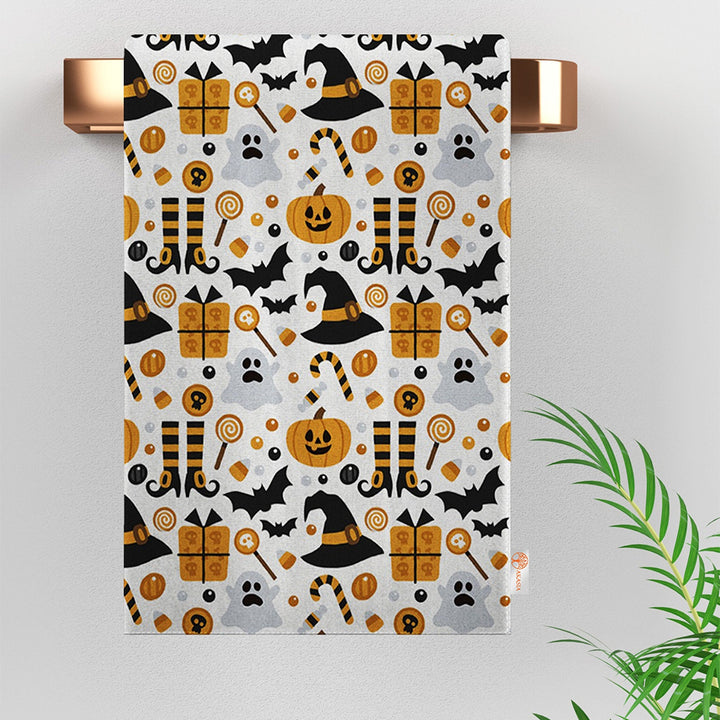 Halloween Tea Towel|Carved Pumpkin Dish Towel|Spider Web and Skull Dishcloth|Witch Hat Print Rag|Autumn Dust Remover and Cleaning Cloth