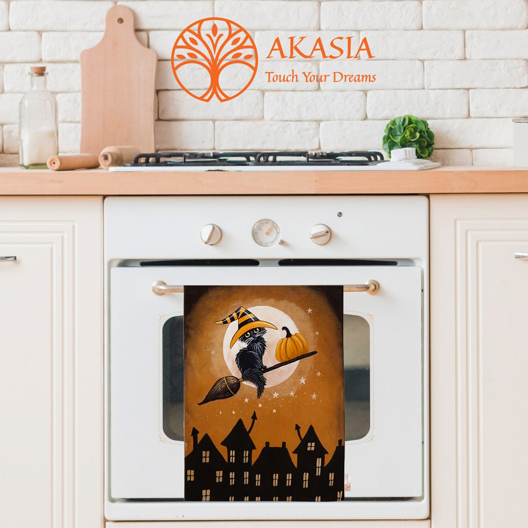 Halloween Tea Towel|Carved Pumpkin and Black Cat Dish Towel|Witch Hat Print Rag|Scary Dishcloth|Autumn Dust Remover and Cleaning Cloth