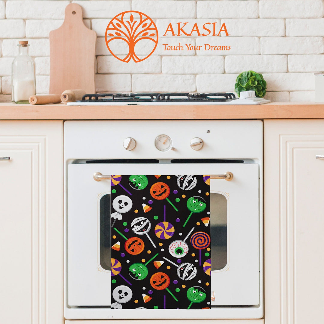 Halloween Tea Towel|Carved Pumpkin and Black Cat Dish Towel|Witch Hat Print Rag|Scary Dishcloth|Autumn Dust Remover and Cleaning Cloth