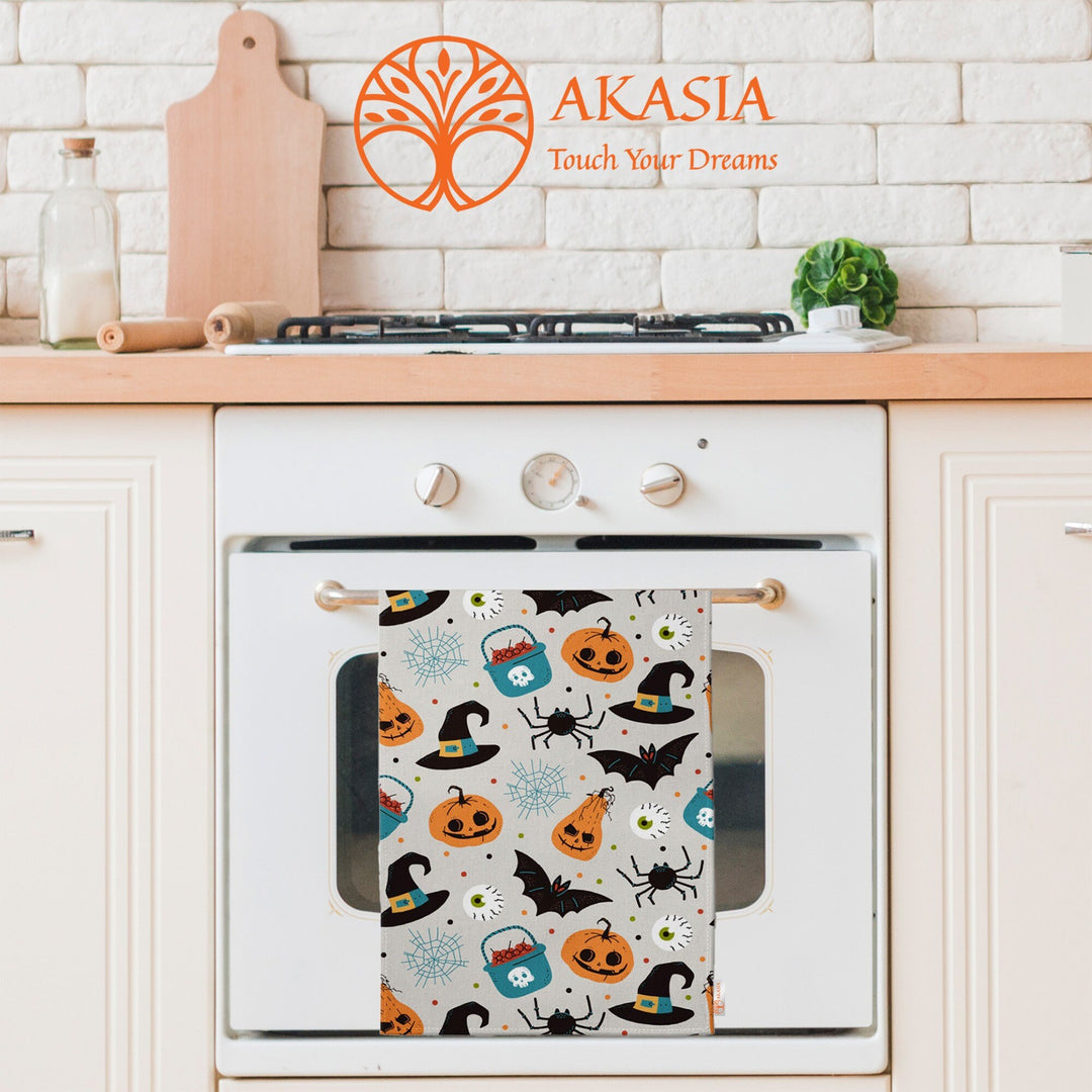 Halloween Tea Towel|Carved Pumpkin and Black Cat Dish Towel|Witch Hat Print Rag|Scary Dishcloth|Autumn Dust Remover and Cleaning Cloth
