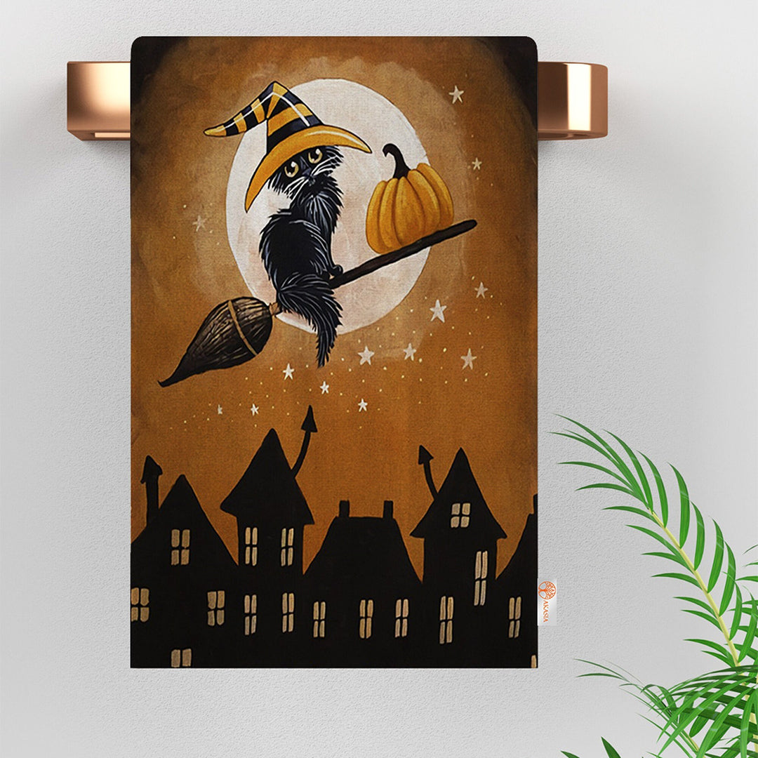Halloween Tea Towel|Carved Pumpkin and Black Cat Dish Towel|Witch Hat Print Rag|Scary Dishcloth|Autumn Dust Remover and Cleaning Cloth