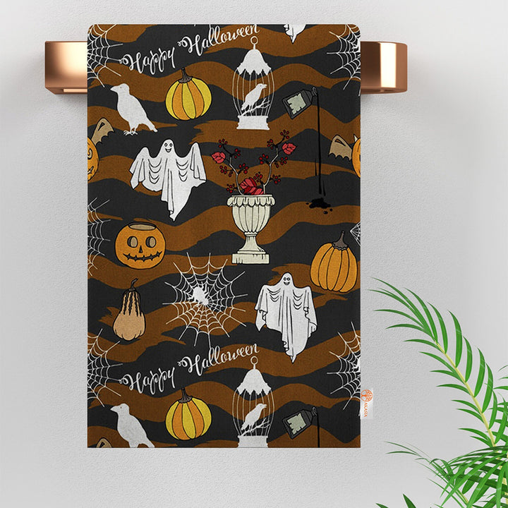 Halloween Tea Towel|Carved Pumpkin and Black Cat Dish Towel|Witch Hat Print Rag|Scary Dishcloth|Autumn Dust Remover and Cleaning Cloth