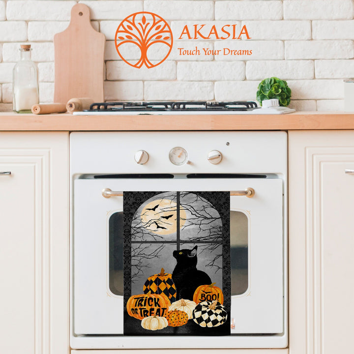 Halloween Tea Towel|Pumpkin and Black Cat Dish Towel|Happy Halloween Rag|Trick or Treat Dishcloth|Autumn Dust Remover and Cleaning Cloth