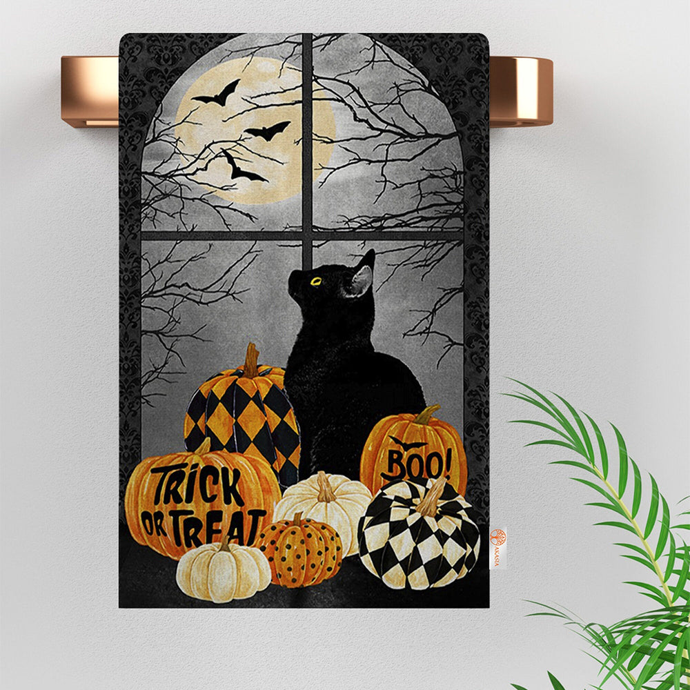 Halloween Tea Towel|Pumpkin and Black Cat Dish Towel|Happy Halloween Rag|Trick or Treat Dishcloth|Autumn Dust Remover and Cleaning Cloth