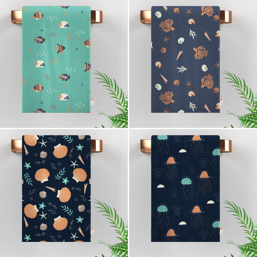 Nautical Hand Towel|Marine Kitchen Towel|Fish Tea Towel|Coral Dust Remover|Jellyfish Seashell Print Beach House Towel|Coastal Dishcloth