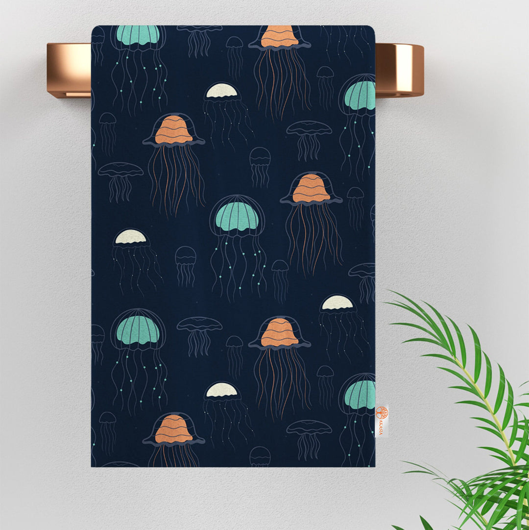 Nautical Hand Towel|Marine Kitchen Towel|Fish Tea Towel|Coral Dust Remover|Jellyfish Seashell Print Beach House Towel|Coastal Dishcloth