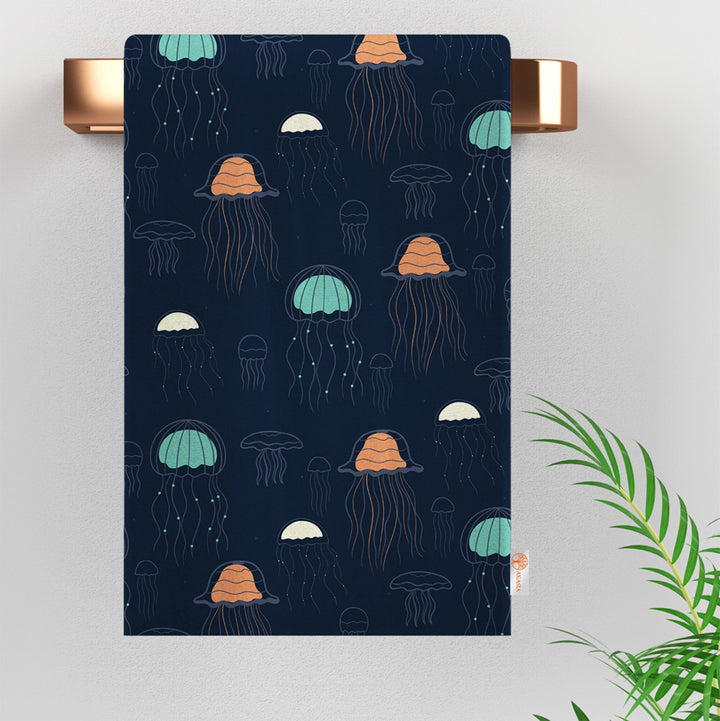 Nautical Hand Towel|Marine Kitchen Towel|Fish Tea Towel|Coral Dust Remover|Jellyfish Seashell Print Beach House Towel|Coastal Dishcloth
