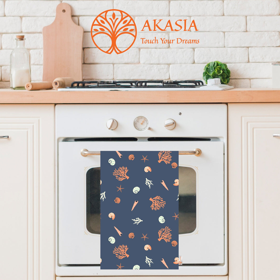 Nautical Hand Towel|Marine Kitchen Towel|Fish Tea Towel|Coral Dust Remover|Jellyfish Seashell Print Beach House Towel|Coastal Dishcloth