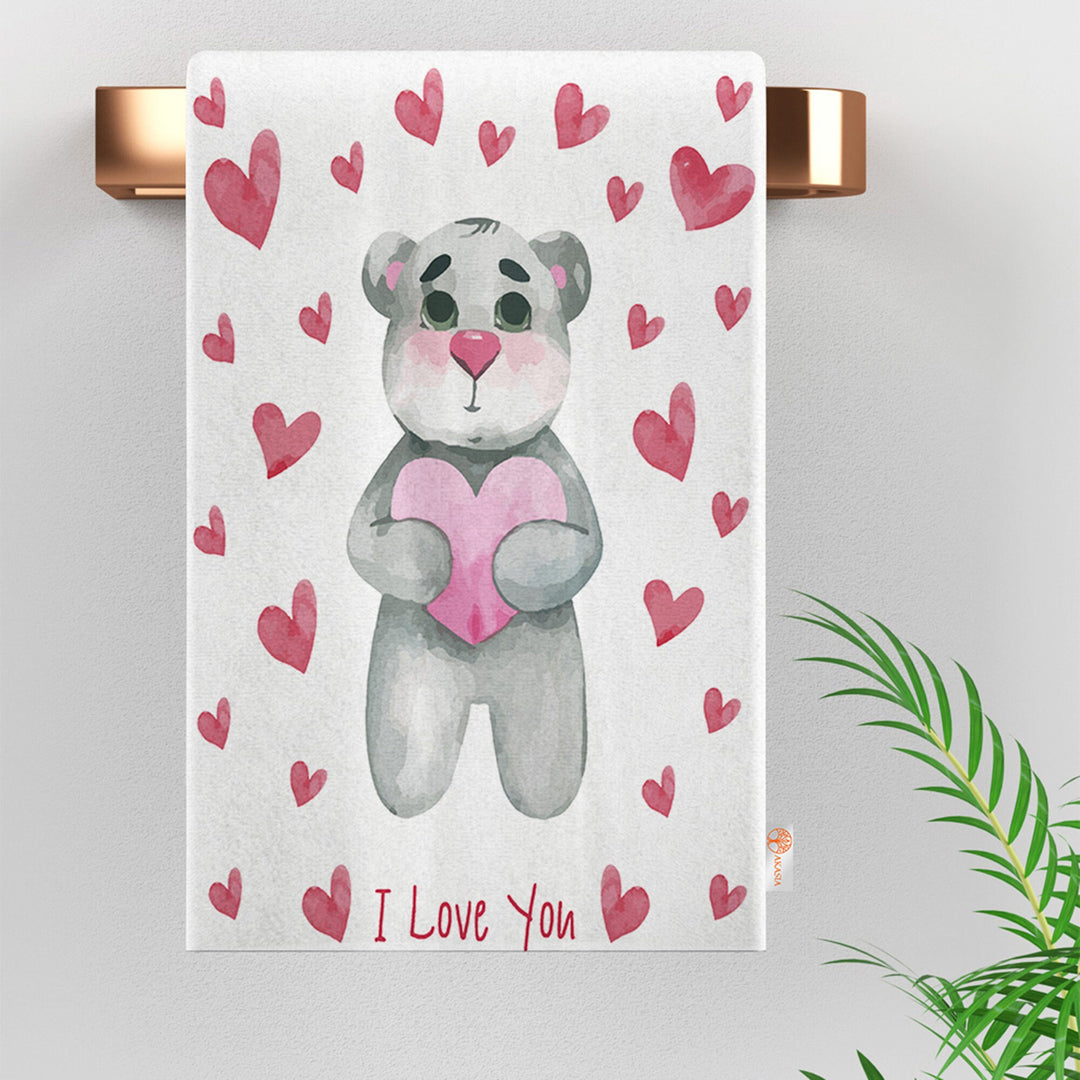 Valentine Dish Towel|Cute Bear Dish Cloth|Heart Print Towel|I Love You Tea Towel|Kitchen Gift for Her|All-Purpose Rag|Cost-Effective Rag
