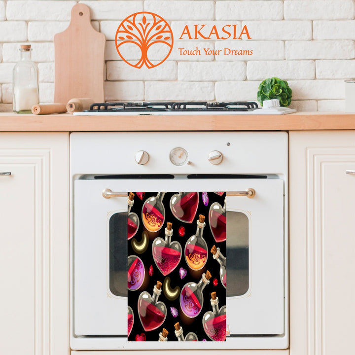Valentine Hand Towel|Heart Shaped Bottle Print Tea Towel|Love Themed Towel|Perfume Dish Cloth|Heart Print Towel|Valentine's Day Gift