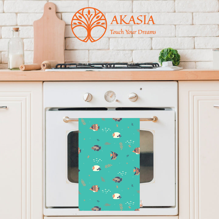 Nautical Hand Towel|Marine Kitchen Towel|Fish Tea Towel|Coral Dust Remover|Jellyfish Seashell Print Beach House Towel|Coastal Dishcloth