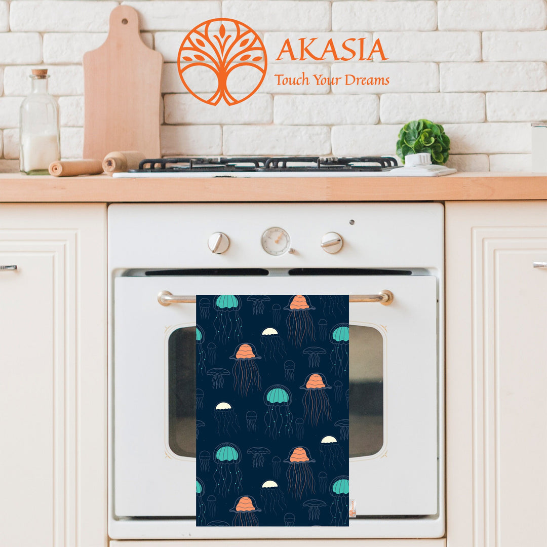 Nautical Hand Towel|Marine Kitchen Towel|Fish Tea Towel|Coral Dust Remover|Jellyfish Seashell Print Beach House Towel|Coastal Dishcloth