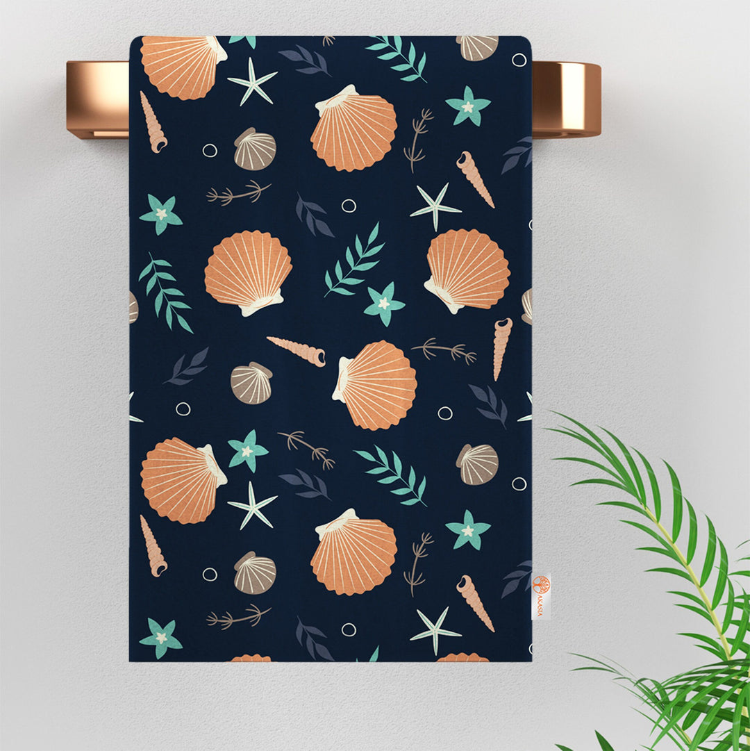 Nautical Hand Towel|Marine Kitchen Towel|Fish Tea Towel|Coral Dust Remover|Jellyfish Seashell Print Beach House Towel|Coastal Dishcloth