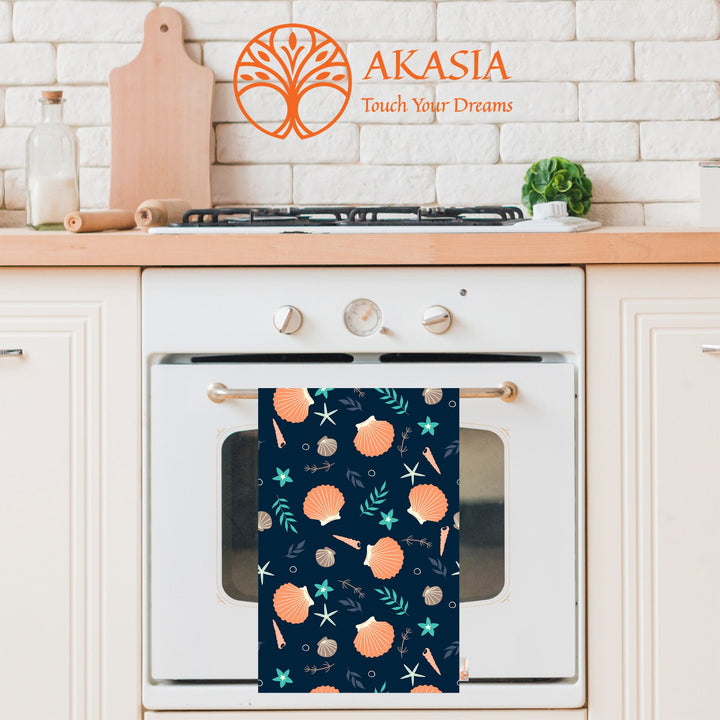 Nautical Hand Towel|Marine Kitchen Towel|Fish Tea Towel|Coral Dust Remover|Jellyfish Seashell Print Beach House Towel|Coastal Dishcloth