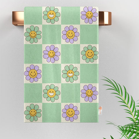 Floral Dish Cloth|Smiling Daisy Towel|Summer Tea Towel|Checkered Dishcloth|Eco-Friendly Towel|Cost-Effective Rag|Gift For Her|Cleaning Cloth
