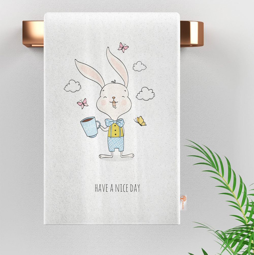 Cute Bunny Hand Towel|Rabbit Print Kitchen Towel|Easter Tea Towel|Farmhouse Spring Trend Dish Cloth|Have a Nice Day Towel|Cost-Effective Rag