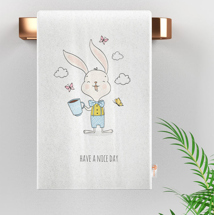 Cute Bunny Hand Towel|Rabbit Print Kitchen Towel|Easter Tea Towel|Farmhouse Spring Trend Dish Cloth|Have a Nice Day Towel|Cost-Effective Rag