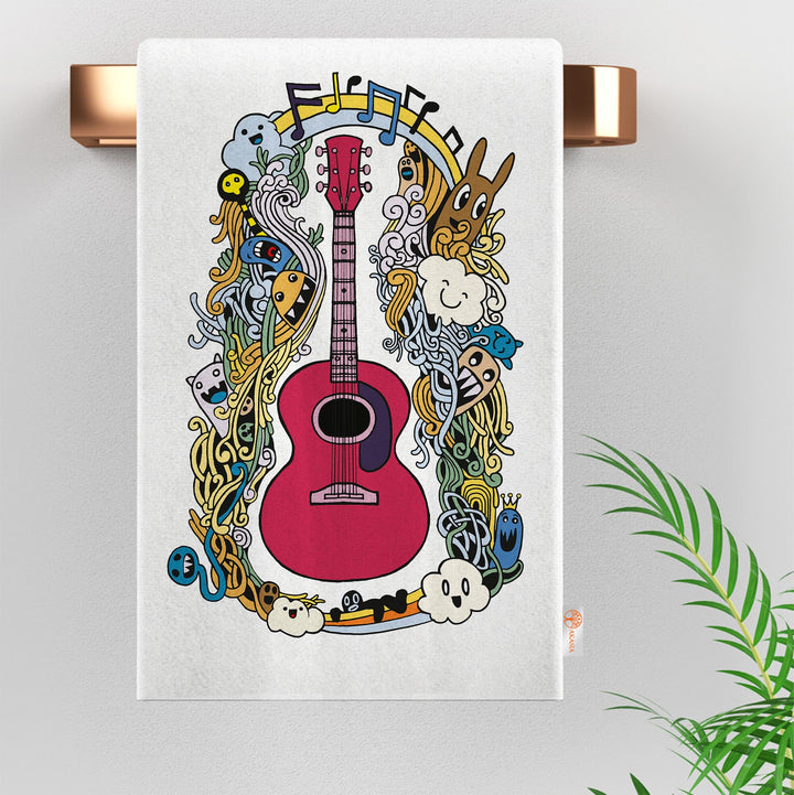 Guitar Tea Towel|Music Instruments Print Towel|Guitar Dishcloth|Gift For Artist|I Love Music Dishcloth|Kitchen Hand Towel||Soft Dish Cloth