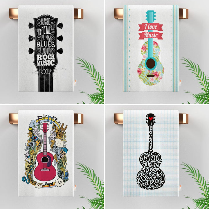 Guitar Tea Towel|Music Instruments Print Towel|Guitar Dishcloth|Gift For Artist|I Love Music Dishcloth|Kitchen Hand Towel||Soft Dish Cloth