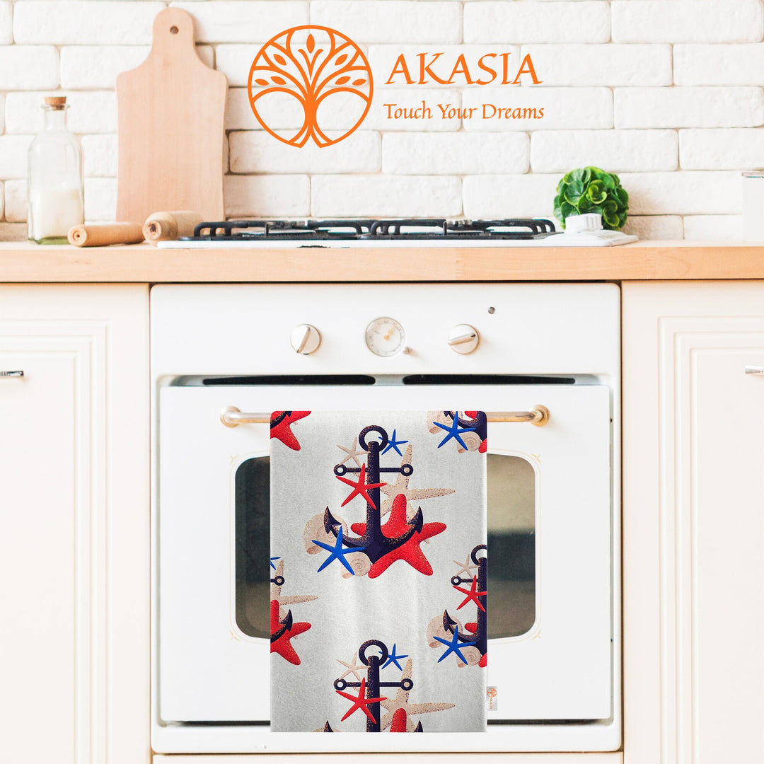 Nautical Hand Towel|Coastal Navy Anchor Kitchen Towel|Wheel, Starfish Dishcloth|Soft Dust Remover|Housewarming Beach House All-Purpose Rag