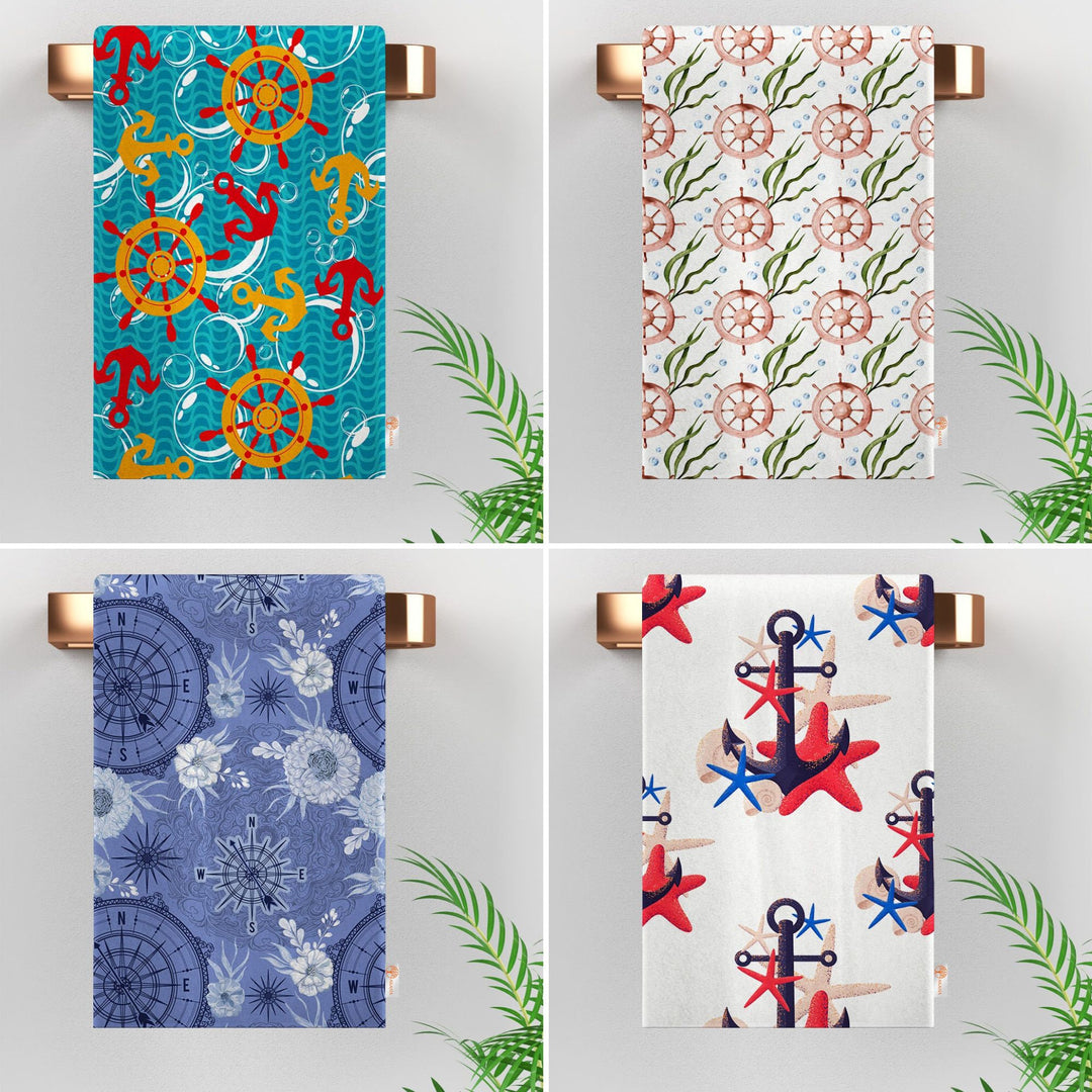 Nautical Hand Towel|Coastal Navy Anchor Kitchen Towel|Wheel, Starfish Dishcloth|Soft Dust Remover|Housewarming Beach House All-Purpose Rag