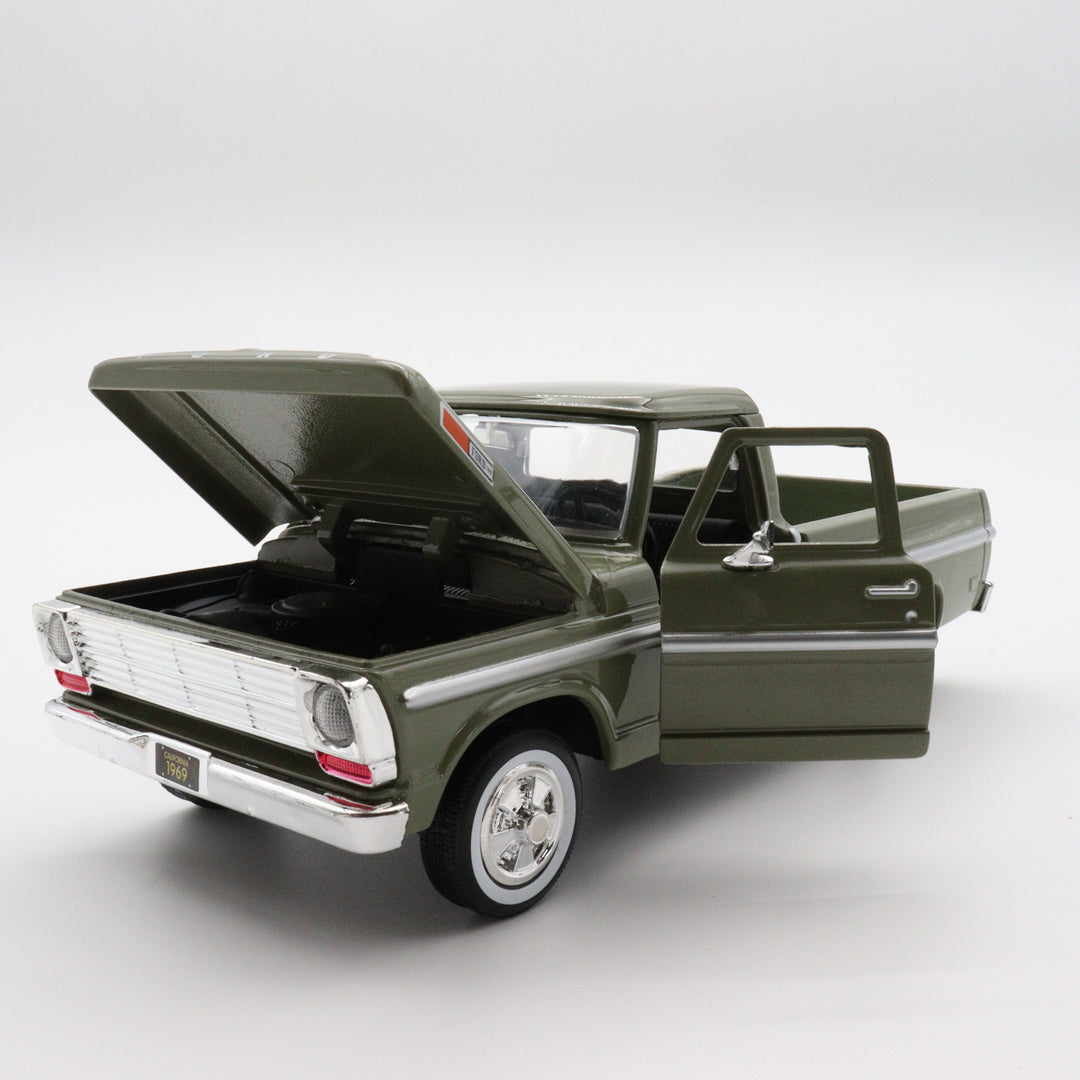 Motormax 1969 Ford F 100|Scale 1/24 Pickup Model Car|Diecast Olive Green Car for Collectors|Classic Old Metal Collection Car|Vintage Gift