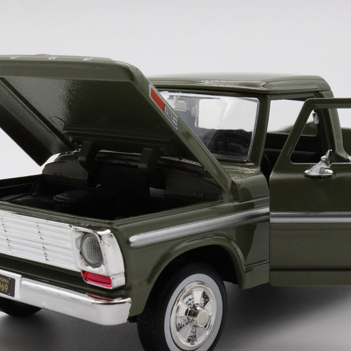 Motormax 1969 Ford F 100|Scale 1/24 Pickup Model Car|Diecast Olive Green Car for Collectors|Classic Old Metal Collection Car|Vintage Gift
