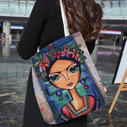Frida Khalo Gobelin Shoulder Bag|Flower Tapestry Tote Bag|Boho Style Fabric Handbag|Messenger Bag for Women|School Book Bag|Gift for Her