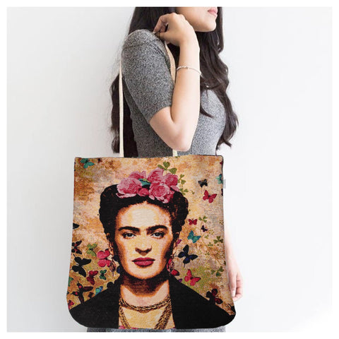 Frida Kahlo Shoulder Bag|Butterfly Design Gobelin Tapestry Tote Bag|Frida Khalo Shopping Bag|Reusable Shopper Bag|Summer Beach Bag for Her