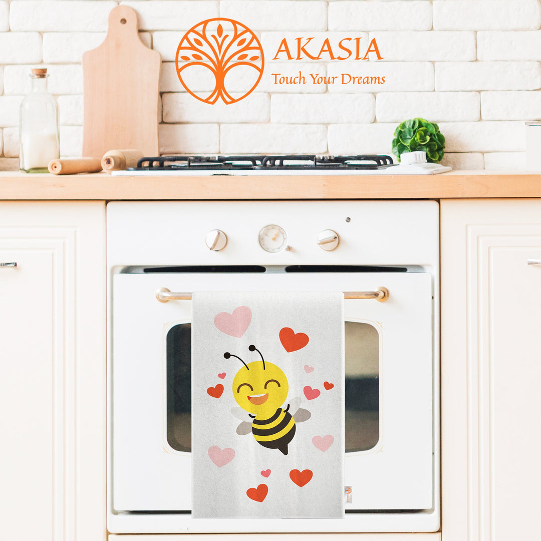 Cute Bee Print Tea Towel|Bee Dishcloth|Heart Print Hand Towel|Animal Dish Cloth|Eco-Friendly Rag|Soft Cleaning Towel|Kitchen Gift For Her