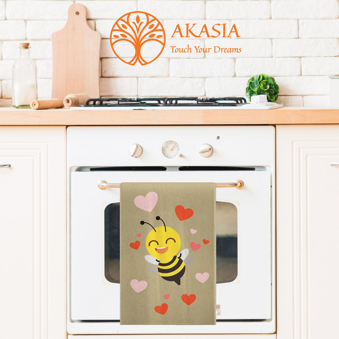 Cute Bee Print Tea Towel|Bee Dishcloth|Heart Print Hand Towel|Animal Dish Cloth|Eco-Friendly Rag|Soft Cleaning Towel|Kitchen Gift For Her