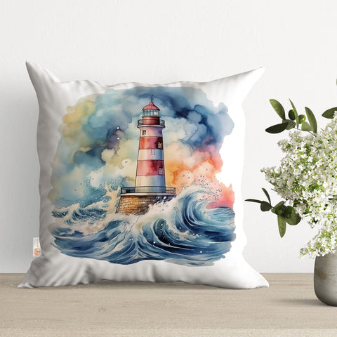 Lighthouse Pillow Cover|Seaside Cushion Case|Nautical Pillowtop|Beach House Decor|Seagull Pillowcase|Outdoor Cushion|Throw Pillowtop
