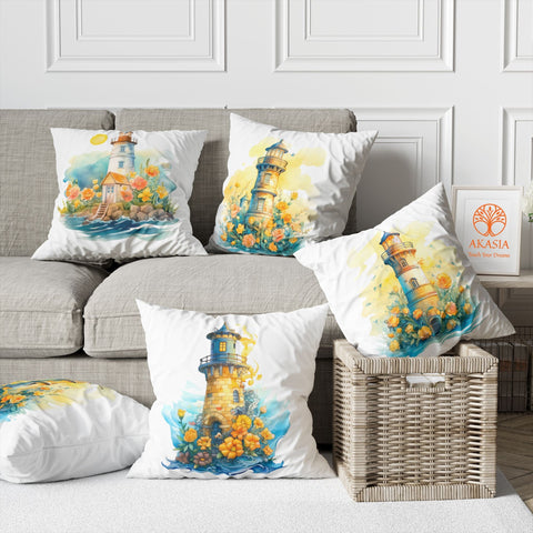 Lighthouse Pillow Cover|Floral Cushion Case|Nautical Pillowtop|Beach House Decor|Lighthouse Cushion|Outdoor Cushion|Throw Pillowtop