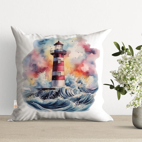 Lighthouse Pillow Cover|Seaside Cushion Case|Nautical Pillowtop|Beach House Decor|Seagull Pillowcase|Outdoor Cushion|Throw Pillowtop