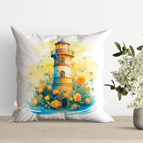 Lighthouse Pillow Cover|Floral Cushion Case|Nautical Pillowtop|Beach House Decor|Lighthouse Cushion|Outdoor Cushion|Throw Pillowtop