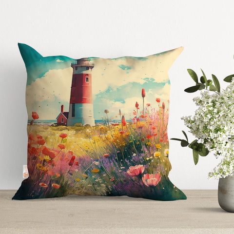 Lighthouse Pillow Case|Beach House Decor|Floral Cushion Case|Nautical Pillowtop|Lighthouse Cushion|Outdoor Cushion|Throw Pillowtop