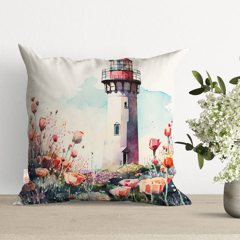 Lighthouse Pillow Case|Beach House Decor|Floral Cushion Case|Nautical Pillowtop|Lighthouse Cushion|Outdoor Cushion|Throw Pillowtop