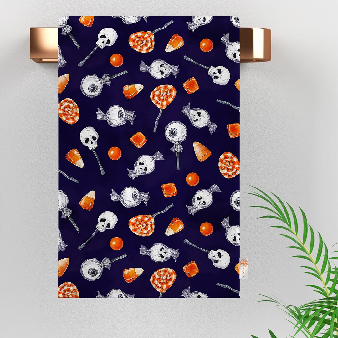 Halloween Tea Towel|Carved Pumpkin, Skull, Black Cat Dish Towel|Witch Hat Print Rag|Scary Dishcloth|Autumn Dust Remover and Cleaning Cloth