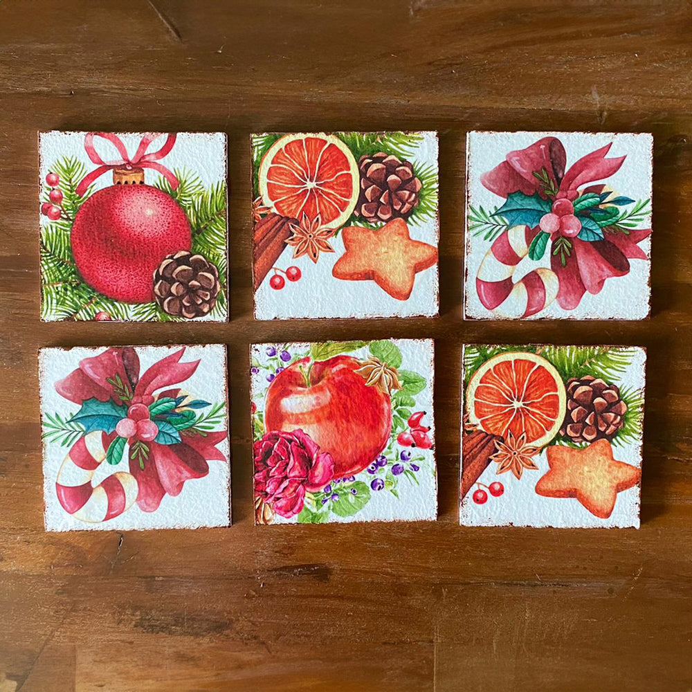 Festive New Year's Drink Coasters Set of 6|Christmas Ornaments Wood Coasters|Rustic Mug Rugs|Holiday Drink Mats|Stylish Gift For Mom Teacher
