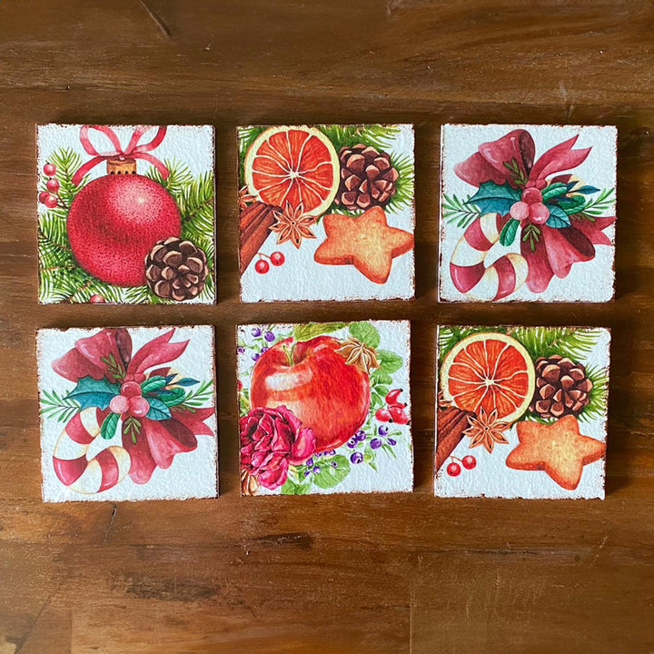 Festive New Year's Drink Coasters Set of 6|Christmas Ornaments Wood Coasters|Rustic Mug Rugs|Holiday Drink Mats|Stylish Gift For Mom Teacher