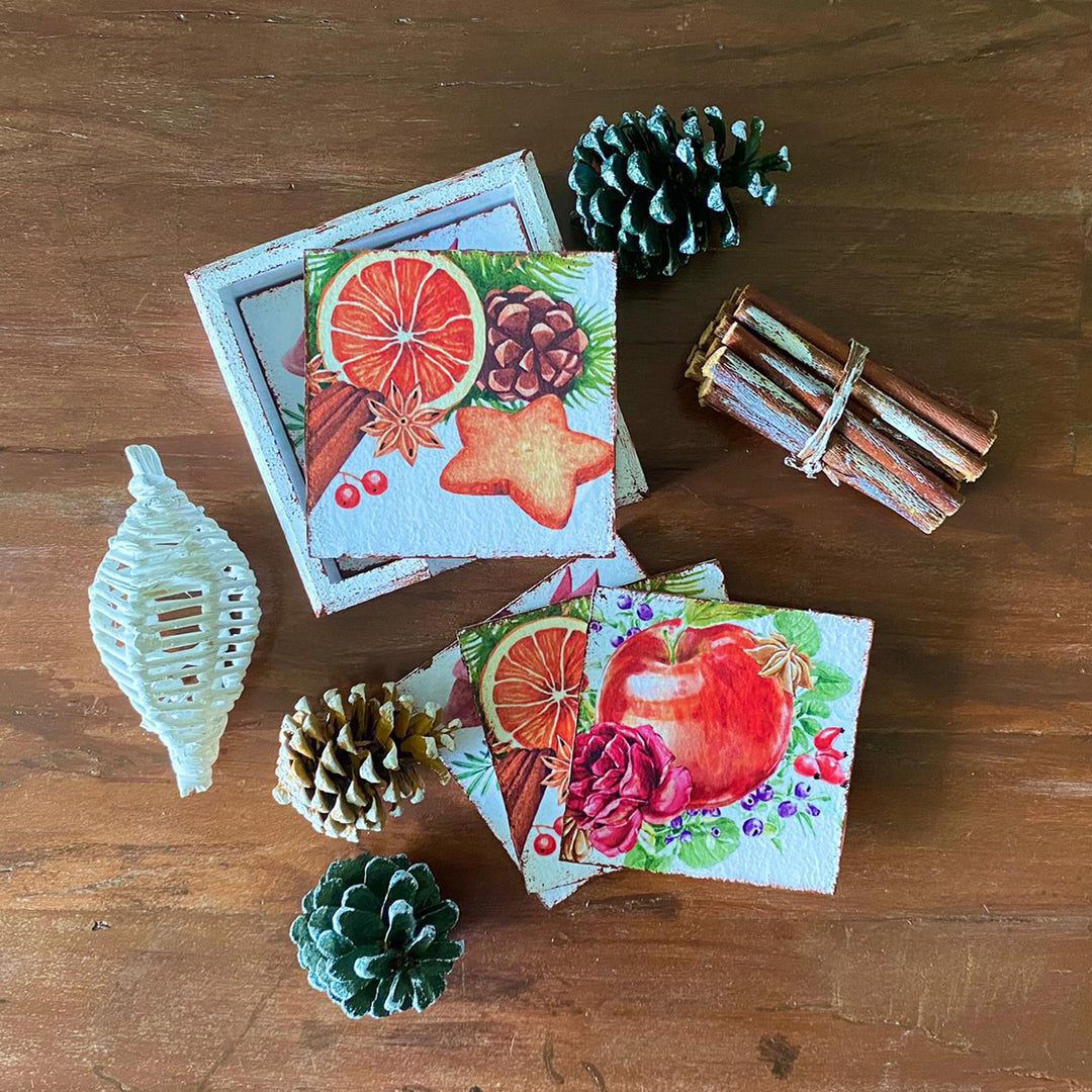 Festive New Year's Drink Coasters Set of 6|Christmas Ornaments Wood Coasters|Rustic Mug Rugs|Holiday Drink Mats|Stylish Gift For Mom Teacher