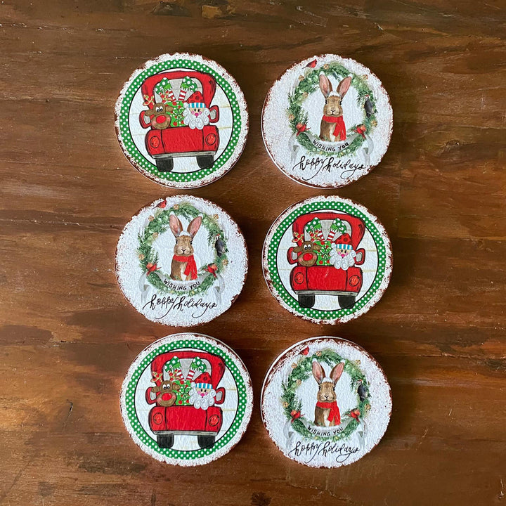 Cheerful Holiday Drink Mats|Set of 6 Santa Claus Coasters|Wood Funny Christmas Gift Ideas|Holiday Coasters for Cups|Round Kitchen Mug Rugs