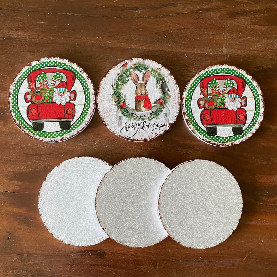 Cheerful Holiday Drink Mats|Set of 6 Santa Claus Coasters|Wood Funny Christmas Gift Ideas|Holiday Coasters for Cups|Round Kitchen Mug Rugs