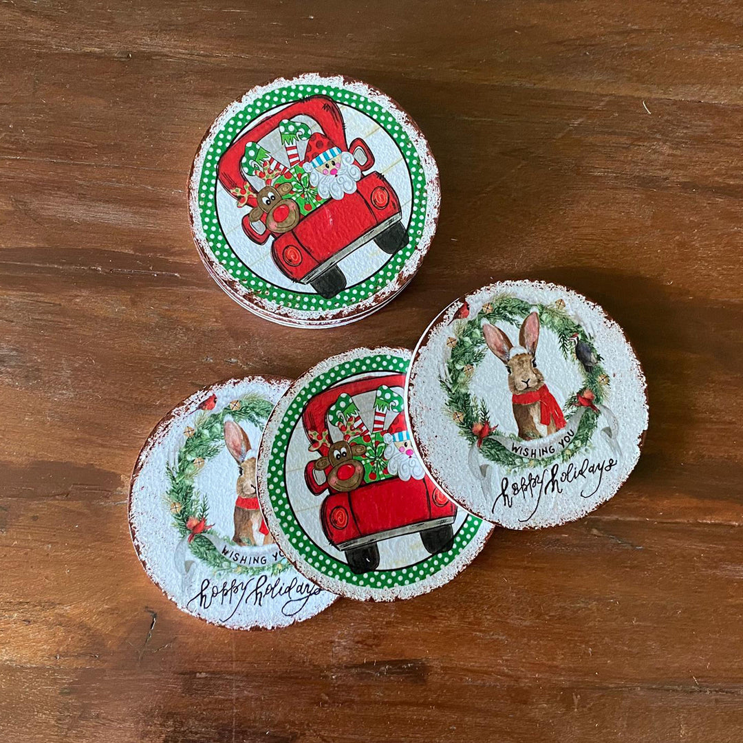 Cheerful Holiday Drink Mats|Set of 6 Santa Claus Coasters|Wood Funny Christmas Gift Ideas|Holiday Coasters for Cups|Round Kitchen Mug Rugs
